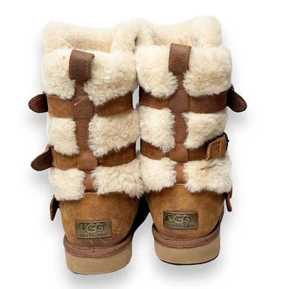Ugg Women's Brown Suede Becket Mid Calf Pull On Winter Shearling Buckle Boots 7 - Picture 5 of 9